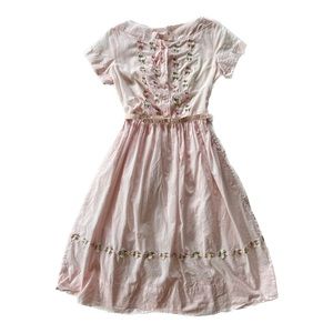 Vintage Pale Pink Floral Belted Short Sleeve Long Dress